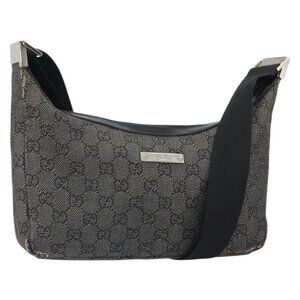Authentic GUCCI GG Canvas Shoulder Bag Black Silver 35098